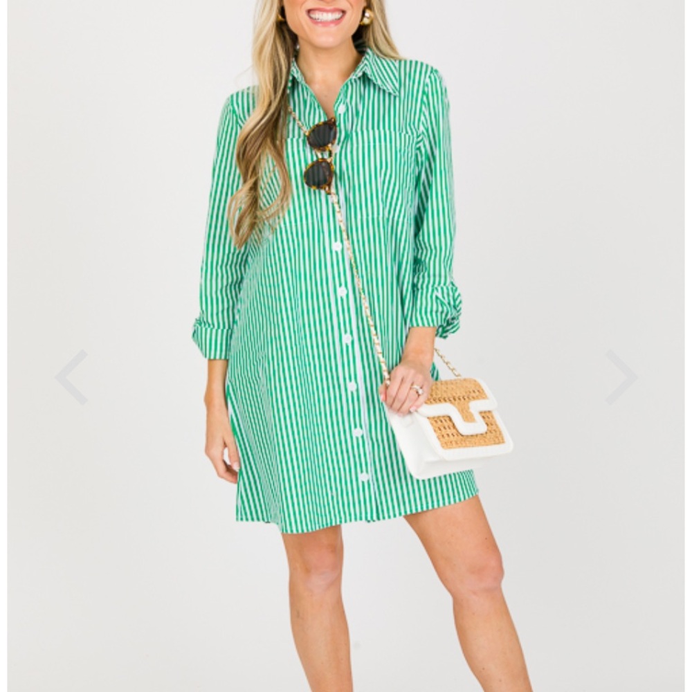 Karlie Green and White Notched Collar Shirt Dress